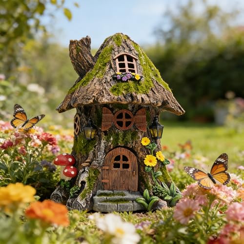 Solar Powered Mossy Tree House Sculpture with Doors (Mossy Treehouse)