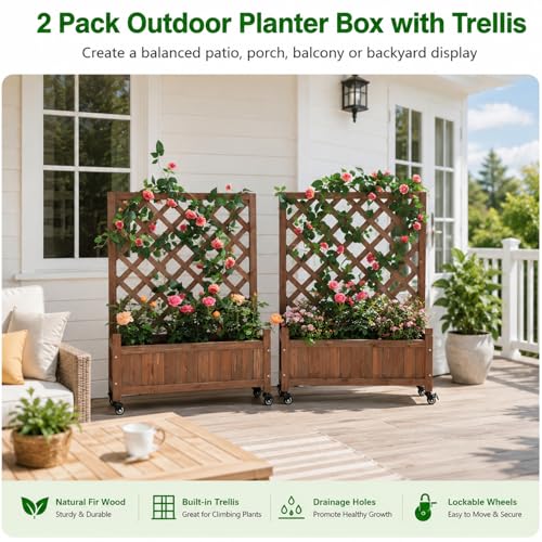 2 Trellis Raised Garden Bed with Wheels (Dark Brown / H38 × W28 x D13 in)