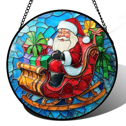Christmas Santa Sleigh Stained Glass Window Hanging Suncatcher Gifts 15" (Red and Blue / 14.9x14.9 IN)