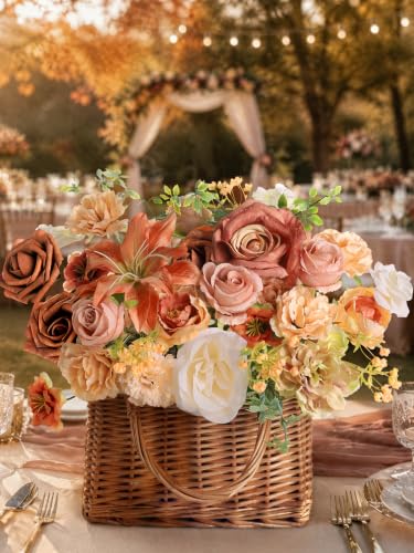 Fall Artificial Flowers Combo Fake Flowers Bulk for Wedding Decor (Champagne Coffee)