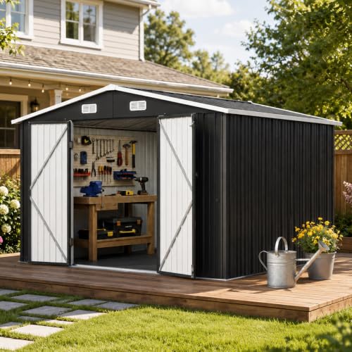 10x12 FT Shed Outdoor Storage Shed with Floor Black (Black / 10'x12')