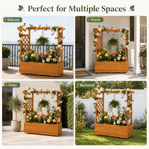 Raised Garden Bed with Arch Trellis & Hanging Roof for Climbing Plants (Brown / W55 x D17.5 x H44.5in)