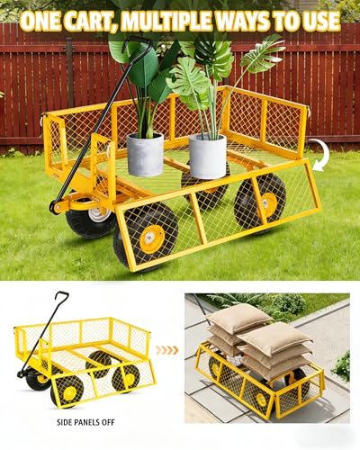 Heavy Duty Steel Garden Cart 500 LBS Capacity 3 in 1 Pullable Garden Wagon with 10 in Wheels for Gardening Soil (Yellow / 500 lbs)