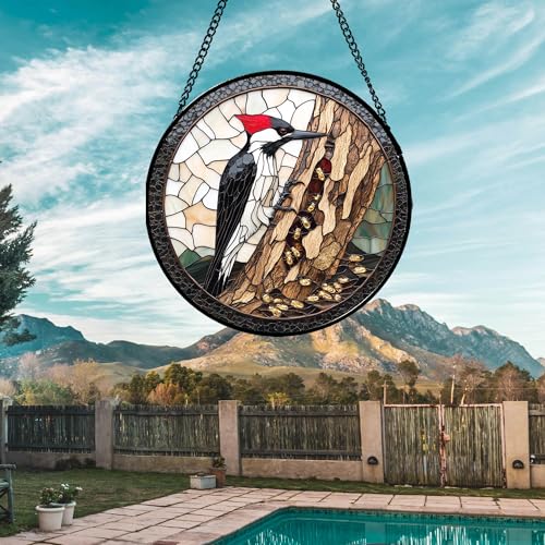 Woodpecker Tree Stained Glass Window Hanging Suncatcher Gifts for Mom 6.3" (Black White and Red / 6.3x6.3 IN)