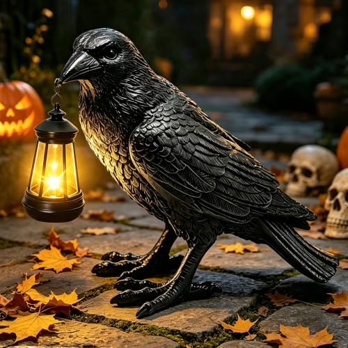 Halloween Crow Solar Garden Statue Outdoor Figurine Halloween Decoration (Black - Crow With Lantern)