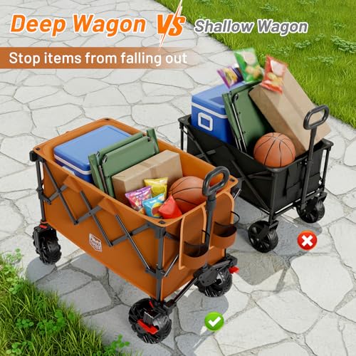 Outdoor Collapsible Folding Wagon with Brakes and Cup Holders (Orange / 200L)