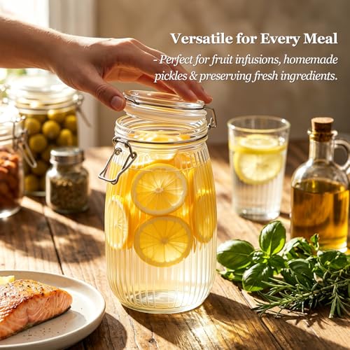 Large Ribbed Glass Jars with Airtight Lids 51 oz 3 Pack Wide Mouth (51 fl oz x 3 - Ribbed)