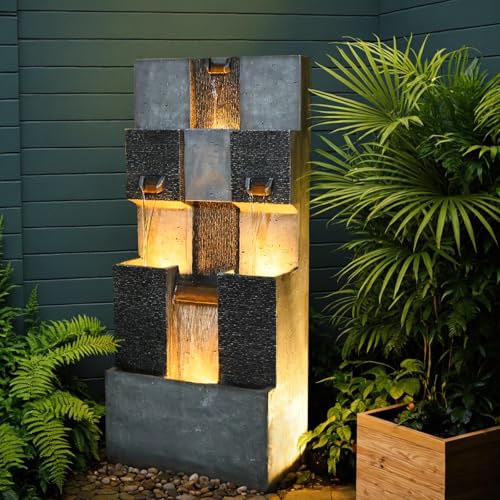 44.8" H Modern Outdoor Water Fountain with LED Lights and Pump (Gray 44.8 Inch)