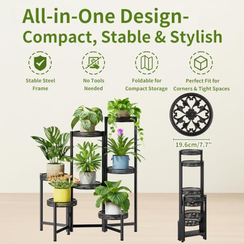 7 Tier Large Metal Plant Stand Indoor Outdoor with 7.9 Inch Wide Tray (BlackWave / 7-tiers)