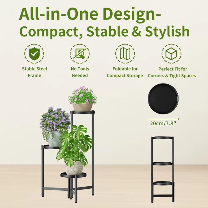 3 Tier Large Plant Stand Indoor with 7.9 Inch Wide Tray (BlackDisk / 3-tiers)