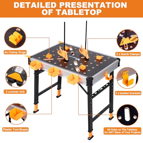 Portable Workbench 1000Lbs Capacity 2026 Upgraded Adjustable 5 Level Height Heavy Duty Folding Work Table with 2 Quick Clamps (Adjustable Height)