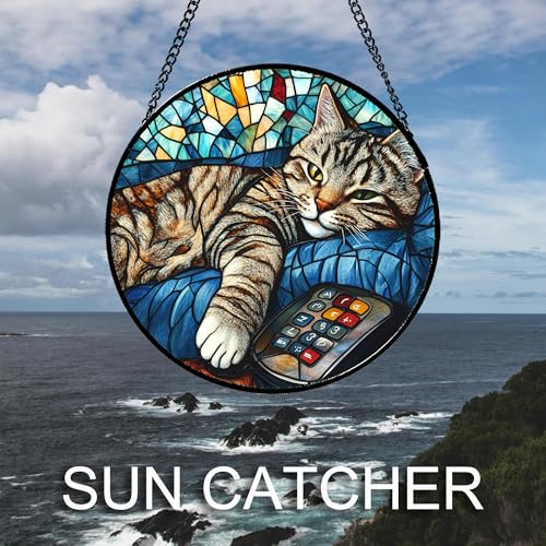 Gray Cat Remote Control Stained Glass Window Hanging Suncatcher Gifts 6.3" (Blue-gray / 6.3x6.3 IN)