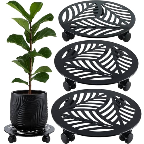 3 Packs Large Metal Plant Caddy with PU Wheels 12" (12"/ 13"/ 13.6")