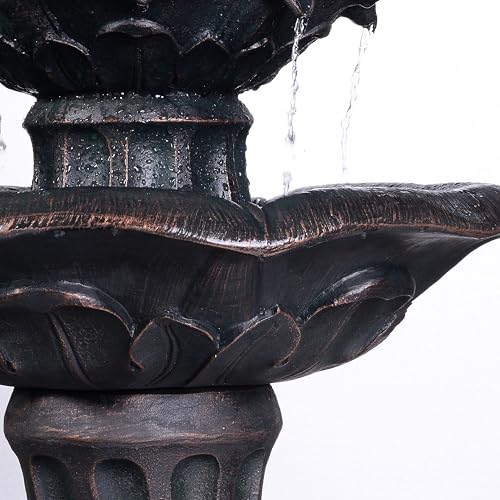 Lily Flower Floor Pedestal 3 Tiered Floor Waterfall Fountain with Pump for Outdoor Patio Garden Backyard Decking (38")