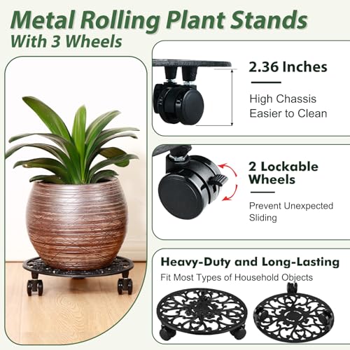 2 Pack 11 In Rolling Plant Stand with Wheels Metal Plant Caddy with Wheels (2 Count)