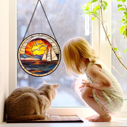 Ocean Sailboat At Sunset Stained Glass Window Hanging Suncatcher Gifts 6.3"