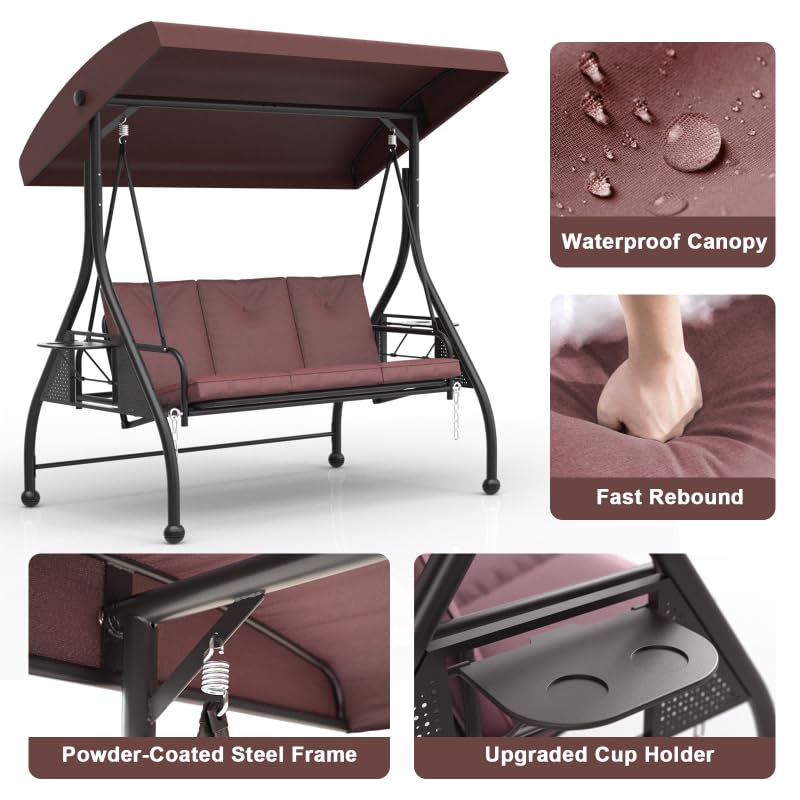3 Seat Patio Porch Swing with Adjustable Canopy and Stand (Brown / with cup holder)