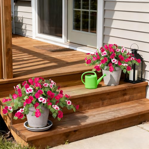 Artificial Fake Flowers for Outdoors Spring Decoration 2 Bundles Faux Flowers Plants for Outdoor Planters UV Resistant Silk Realistic Flowers for Outside Home Garden Front Porch Patio Décor (A-rose Red White)
