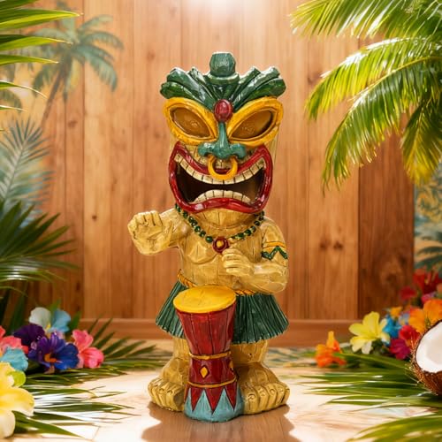Solar Tiki Garden Statue with LED Eyes Outdoor Polynesian Drummer Hawaiian Party Decor Solar Light Ornament for Patio Porch Lawn or Tiki Lover Best Gifts for Tiki Lovers (Drumming Tiki Statue)