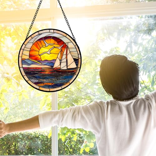 Ocean Sailboat At Sunset Stained Glass Window Hanging Suncatcher Gifts 9.8"