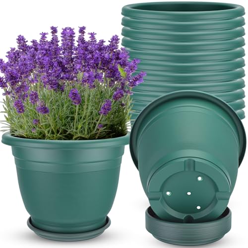 12 Pcs 12'' Plastic Plant Pots Round Planter Pots with Saucer Tray Seedling Pot Hole Seed Resin Plant Pot Starting Nursery Flower Container with Pallet for Garden Outdoor Indoor (Green / 12'')