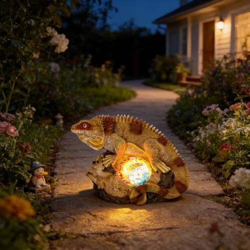 Solar Iguana Garden Statues Decor for Outdoor (Khaki Iguana)
