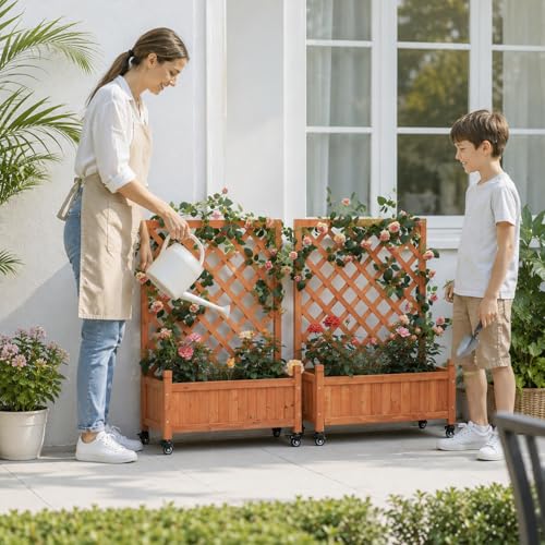 2 Trellis Raised Garden Bed with Wheels (Red Brown / H38 × W28 x D13 in)