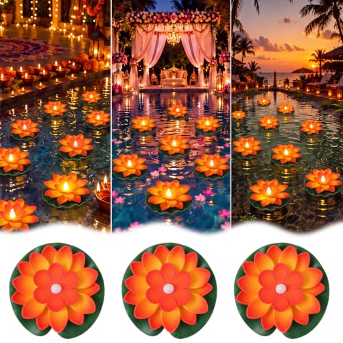 9 Pcs 3.94 in Floating Lotus Lights with Battery (3.94 Inch / Orange)