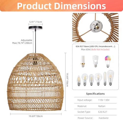 Boho Chandelier Rattan Pendant Light (1-Light / 19.6")