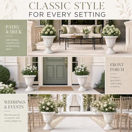 4 Pcs White 14.6 x 16.1 Inches Plastic Urn Planter Classic Flower Pots Front Porch Planters Indoor Outdoor Planters with Pedestal for Wedding Party Bridal Shower Garden Patio Porch (14.6 x 16.1 Inches / White)