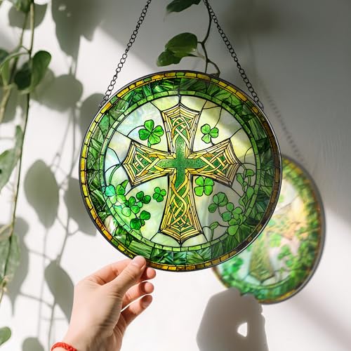 8'' St. Patrick's Day Cross Stained Glass Suncatcher Ornament (Cross-b)