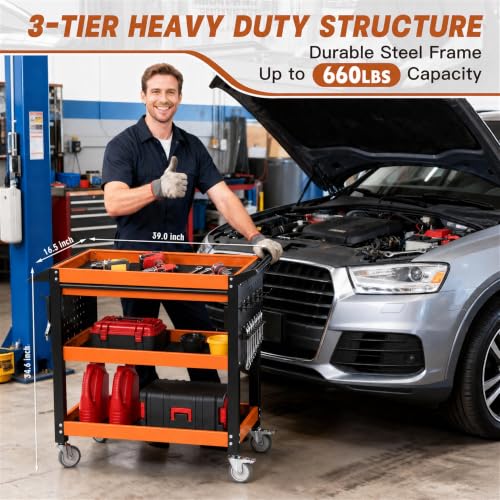 3 Tier Heavy Duty Metal Rolling Tool Cart with Drawers (Orange With Drawers)