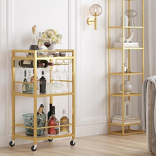 Gold Bar Cart with 3 Mirrored Shelves (Gold（3 Tier）)