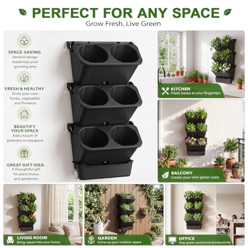 3 Set 6 Pocket Vertical Stackable Wall Planters Kit Outdoor Self Watering Plastic Planter Grow Hang Mount System for Strawberry Flower Vegetable Home Fence Balcony Wall Decor (Black)