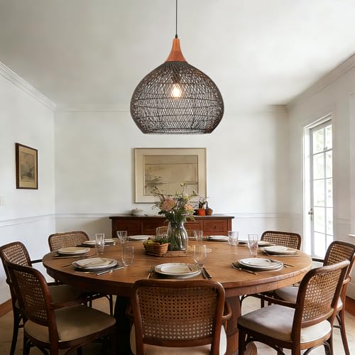 Large Black Rattan Pendant Light (Wood + Black Rattan / D 20", Extra Large)