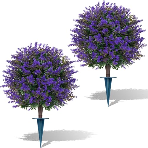 24" 2Pack Faux Boxwood Topiary Ball Trees with Lavender & Spike (Lavender & Boxwood)