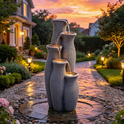 AUTODAYA 33" H Outdoor Water Fountain (Light Gray Faux Rattan 33"h)