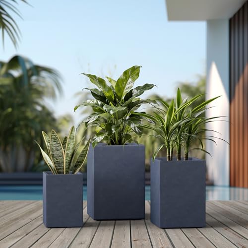 Set of 3 Charcoal Concrete Tall Planters 13" 11" 9" Dia (Charcoal / 18.5" H, 15.7" H, 12.6" H)