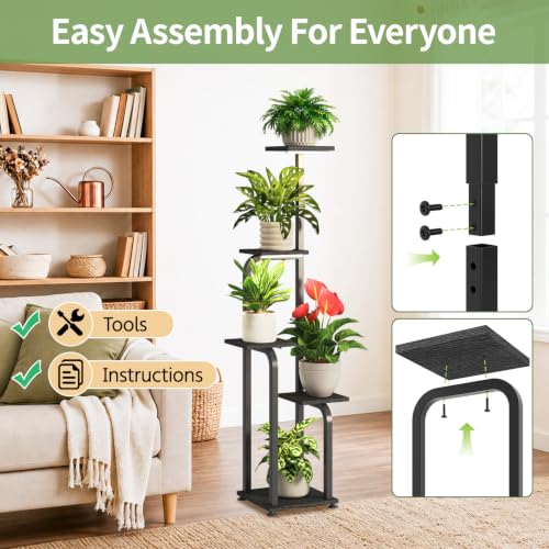 Plant Stand Shelf Tall for Indoor Corner with Lights (pitch black / 5 Tier)