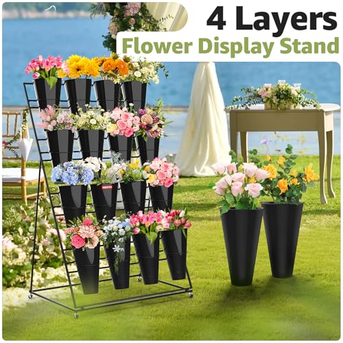 Flower Display Stand 4 Layers with 16 PCS Round Buckets