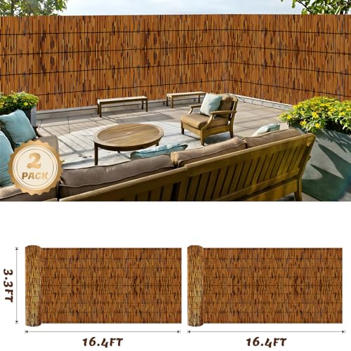 Reed Fencing Rolls 2 Pcs Natural Bamboo Fence 3.3FT X 16.4FT Privacy Screen Curtains Fence for Balcony Patio Garden Backyard Shades Outdoor (2 PACK 3.3FTx16.4FT-Brown)