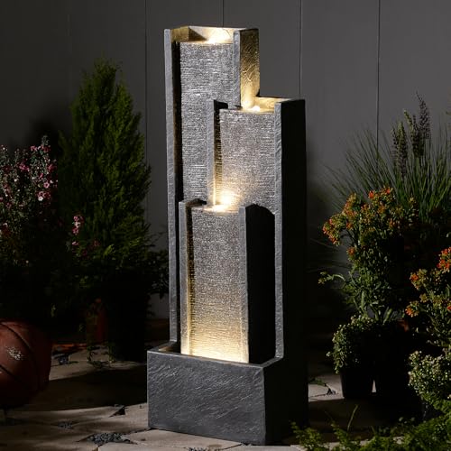 39" Modern Outdoor Water Fountain with LED Lights (Gray / 39 inch)