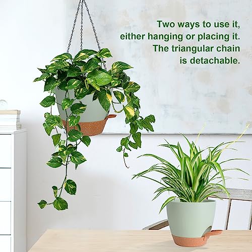10/9/8 Inch Hanging Planter for Indoor Outdoor Plants, 3 Pack Self-Watering Hanging Pot with Drainage Holes Hanging Planter Baskets Plant Pots with Removable Tray (Green+Brown) (3 Count)
