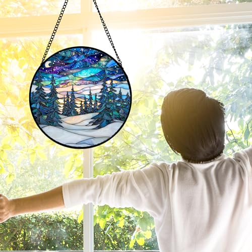 Aurora Winter Forest Stained Glass Window Hanging Suncatcher Gifts 9.8"