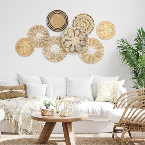 8 Pcs Boho Wall Basket Decor Decorative Bulrush Woven Basket Wall Decor Rustic Farmhouse Hanging Baskets for Kitchen Rustic Home Summer Decorations (Groovy)