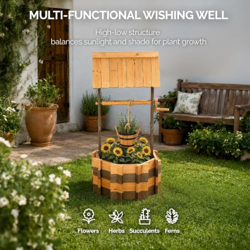 Wooden Wishing Well Outdoor Planters (Two-tone / 25" width)