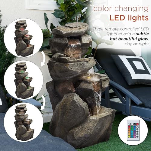 40" Tall Outdoor Multitiered Rock Waterfall Floor Fountain with LED Lights (Gray - 40" H - Multi-tier W/ Warm White Leds)