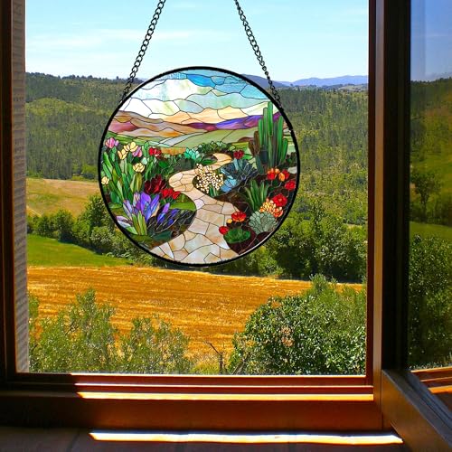 Desert Garden Path Stained Glass Window Hanging Suncatcher Gifts 6.3" (Multi Color / 6.3x6.3 IN)