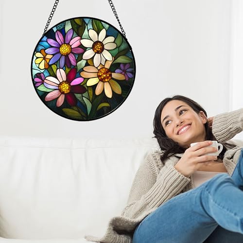 Colorful Garden Flowers Stained Glass Window Hanging Suncatcher Gifts 6.3" (Purple / 6.3x6.3 IN)