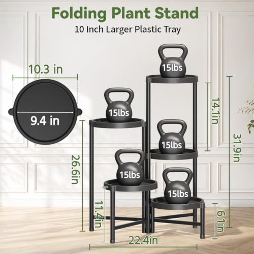 Plant Stand Indoor Outdoor with Large 10 Inch Plastic Tray (Classic Black with Large Tray / 5 Tier)